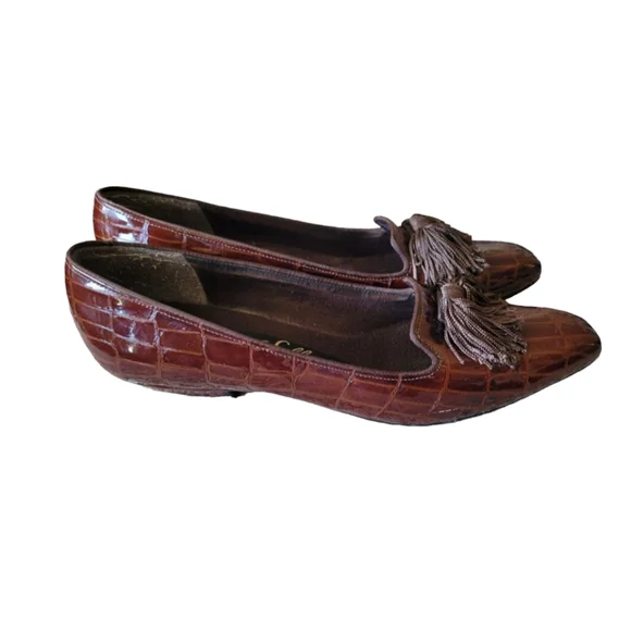 Selby Vintage Brown Leather Croc With Tassles Confort Flex Flats Size 6.5 - Picture 3 of 11